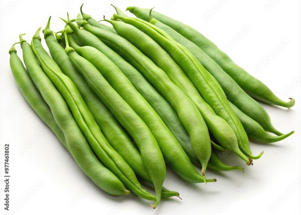Fresh green beans arranged in a curved line on a clean white background, with slight shadows and highlights, emphasizing the vegetable's natural texture and vibrant color. Fresh green beans arranged in a curved line on a clean white background, with slight shadows and highlights, emphasizing the vegetable's natural texture and vibrant color.