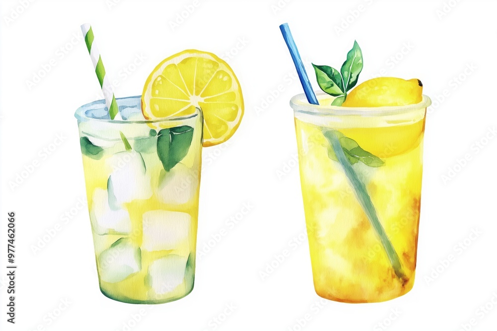 Refreshing lemon mint drinks with ice cubes, one mint lemonade and one iced tea, colorful cups Refreshing lemon mint drinks with ice cubes, one mint lemonade and one iced tea, colorful cups