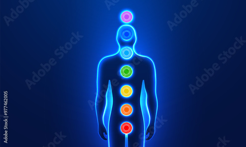 Chakra system of human body digital futuristic style. Banner concept for Alternative medicine, Ayurveda, Buddhism and Hinduism. Vector illustration human energy centers