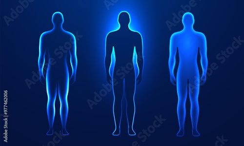 Human body digital glowing silhouettes in a futuristic style on a dark blue background. Set element of human anatomy in glowing light effects for medical, scientific, and technological banner