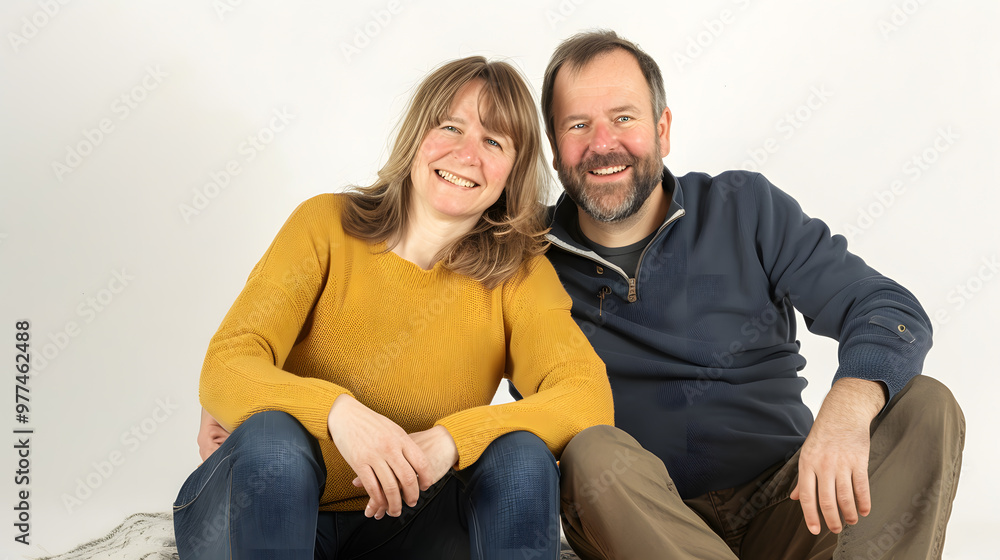 A joyful middle-aged couple sits together against a plain white background in a studio. They are smiling and relaxed, dressed casually A joyful middle-aged couple sits together against a plain white background in a studio. They are smiling and relaxed, dressed casually