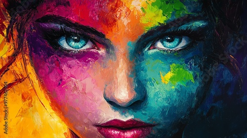 Oil painting of a woman face. Girl's face made from splashes of colored acrylic paints . Fantasy concept , Illustration painting