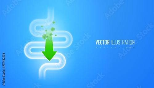 Intestinal metabolism vector illustration. Abstract digestive tract and arrow as a symbol of the effect of drugs to improve digestion - medical banner