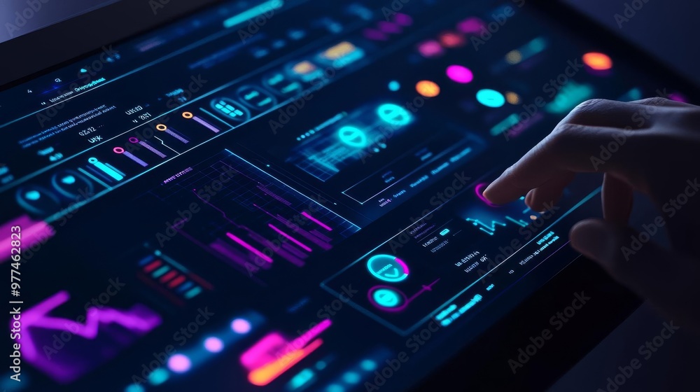 Fototapeta premium Real-time user engagement analyzer, holographic metrics dashboard, glowing behavior insights, futuristic UX monitoring