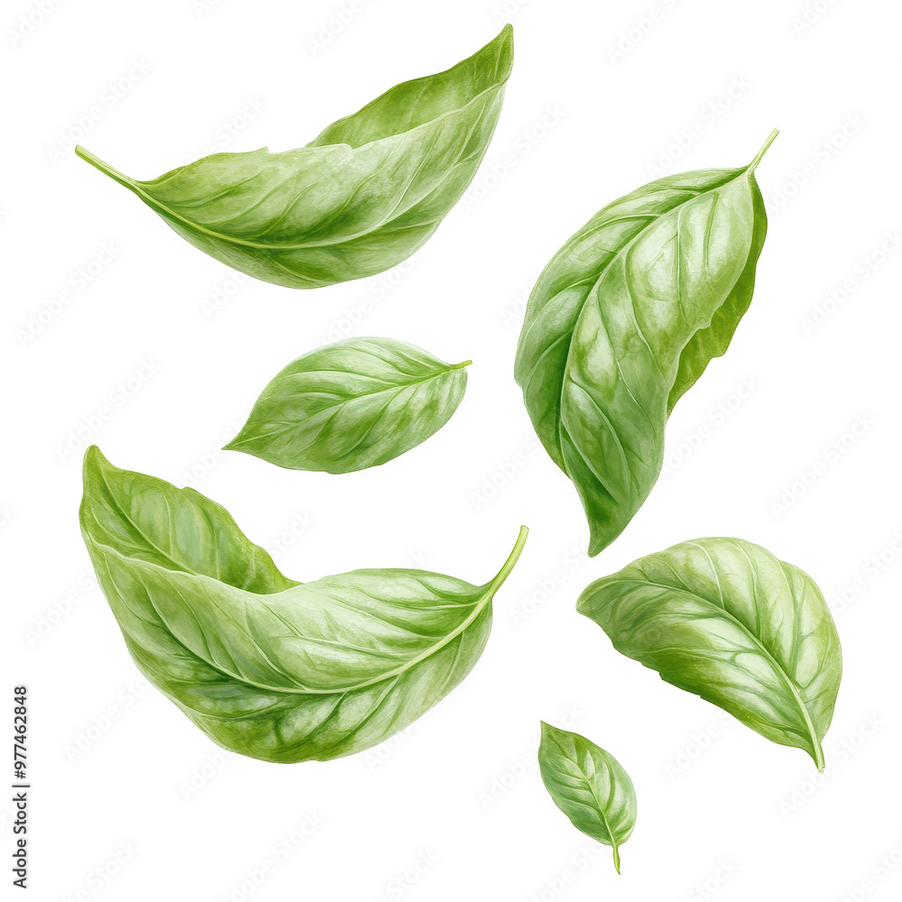 A bunch of green leaves are scattered in the air A bunch of green leaves are scattered in the air
