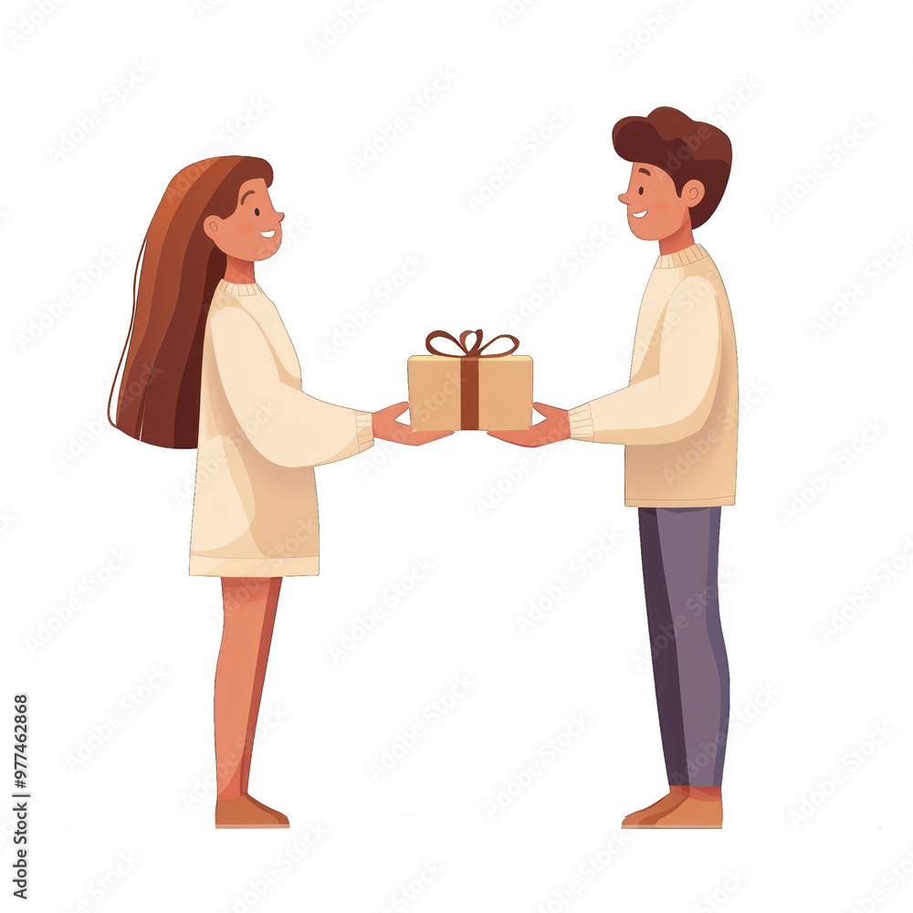 A young couple joyfully exchanging a gift, symbolizing love and celebration in a colorful and cheerful illustration. transparent background A young couple joyfully exchanging a gift, symbolizing love and celebration in a colorful and cheerful illustration. transparent background
