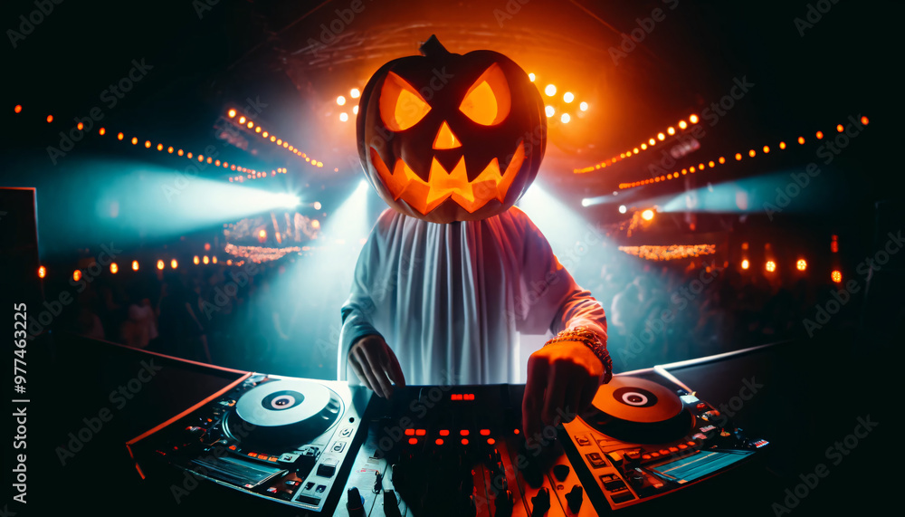 © chand - DJ dressed as ghost and wearing pumpkin head at music concert, Halloween party © chand - DJ dressed as ghost and wearing pumpkin head at music concert, Halloween party