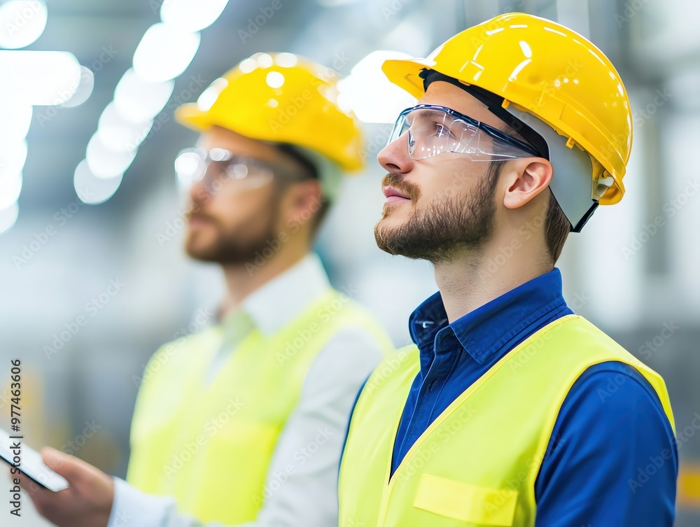 Two engineers in safety gear and helmets discuss project details in a modern industrial setting, emphasizing teamwork and safety. Two engineers in safety gear and helmets discuss project details in a modern industrial setting, emphasizing teamwork and safety.