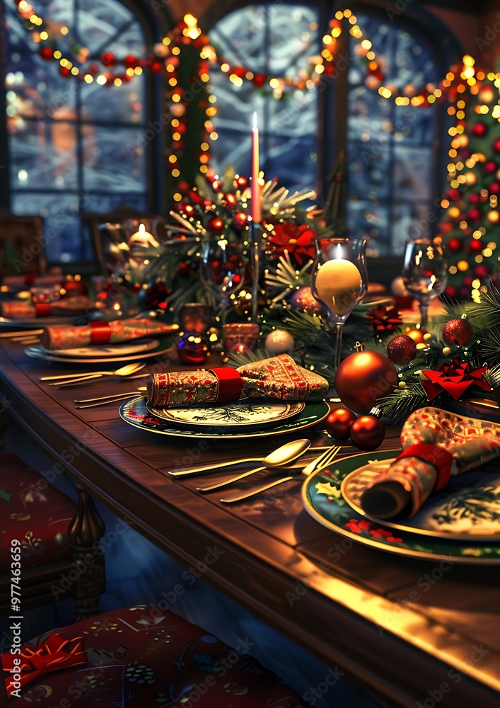 A festive table setting with Christmas-themed plates napkins and centerpieces ready for a holiday feast lit background. A festive table setting with Christmas-themed plates napkins and centerpieces ready for a holiday feast lit background.