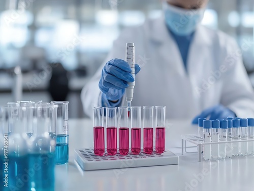 Scientist using pipette to drop solution into test tubes in a laboratory setting, showcasing precision and research.