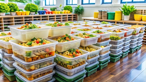 Freshly prepared meal boxes are stacked in a community center, ready to be distributed to those in need, promoting food donation and community support. photo