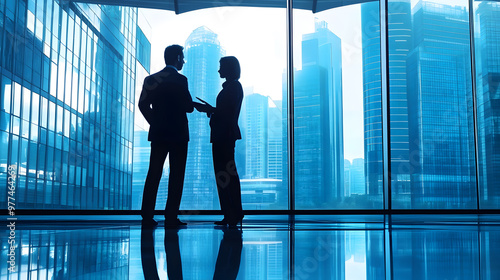 A group of business professionals stands in silhouette against a cityscape with towering skyscrapers