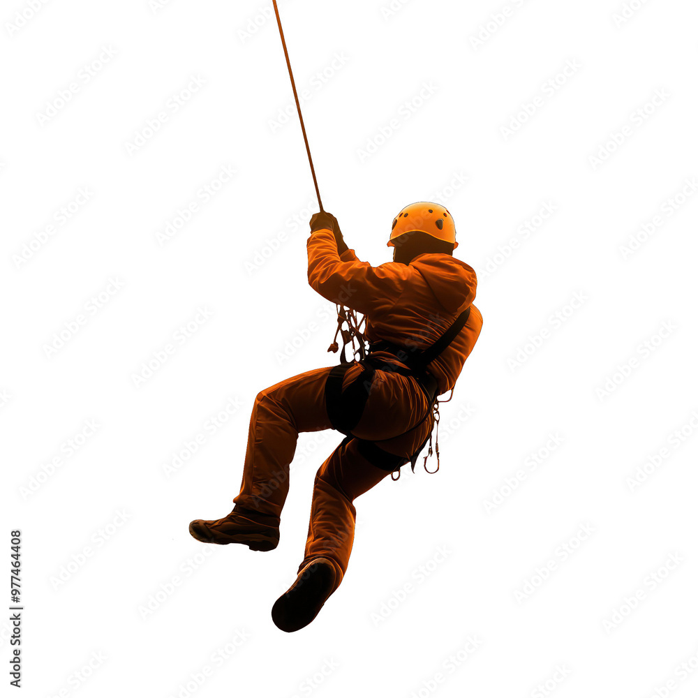 An individual rappelling down with safety gear, showcasing adventure and thrill in a dramatic orange lighting. transparent background An individual rappelling down with safety gear, showcasing adventure and thrill in a dramatic orange lighting. transparent background