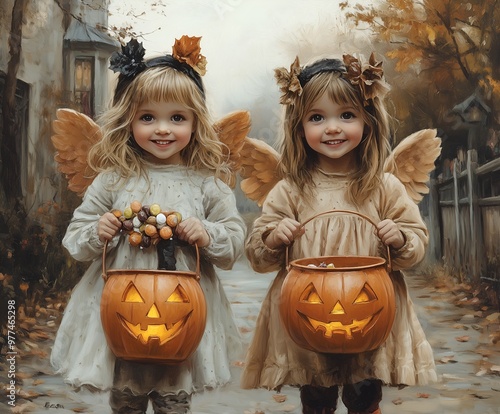 Happy Children Trick or Treat in Halloween Costumes - Angels 01 - 400 x 3968 19MP - created by AI photo