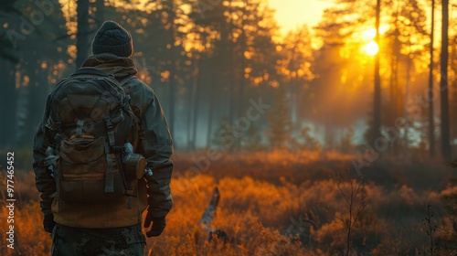 A young traveler with a backpack on a hike. Hiking in the fall forest . Tourist traveler against the background of the forest