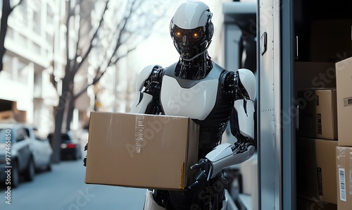 A high-tech humanoid robot carefully unloading boxes from a truck. The futuristic, advanced technology ensures efficient handling of personal cargo in a modern urban setting.