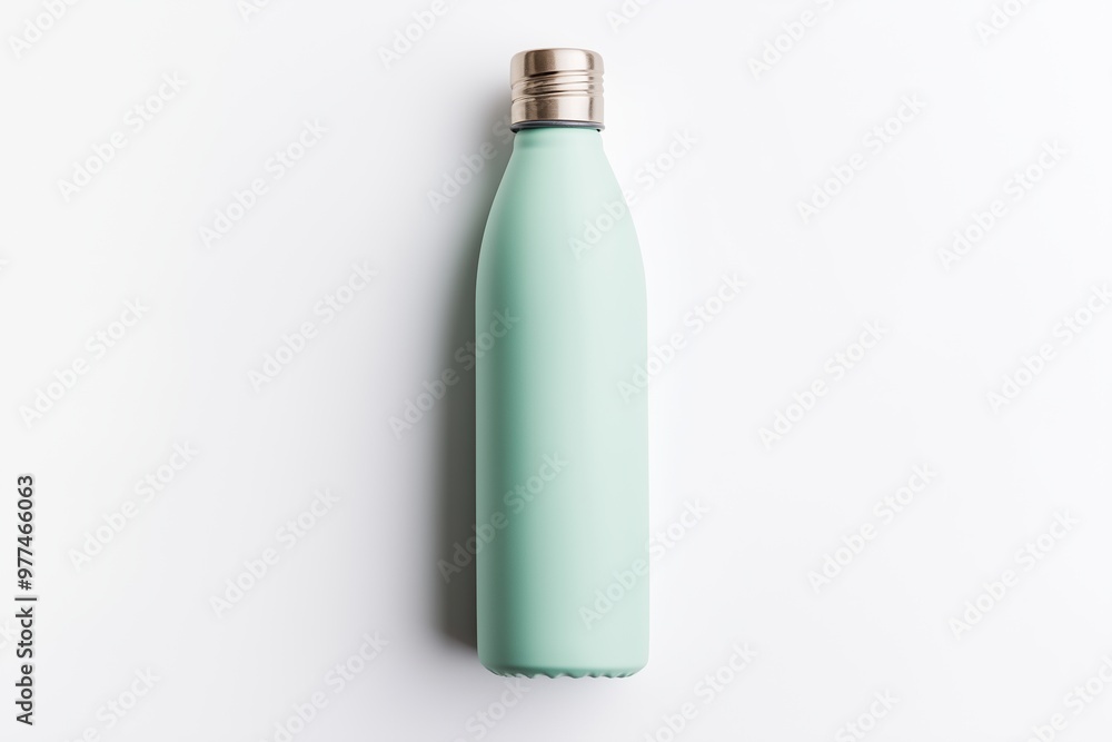 Mint green reusable water bottle on white background, top view, eco-friendly design Mint green reusable water bottle on white background, top view, eco-friendly design