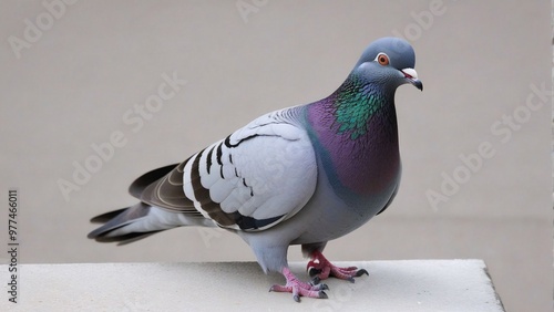 a pigeon with a purple and green head and purple feathers. photo