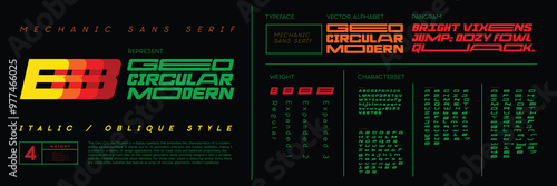 GEO CIRCULAR MODERN SANS SERIF FONT ALPHABET LOGO REGULAR, OBLIQUE-ITALIC, geometric design and unique characters. An expanded typeface with bold, square contemporary design, for headlines. 