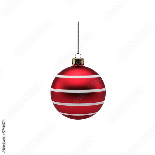 Shiny red Christmas ornament with white stripes, perfect for festive decorations and holiday celebrations. transparent background