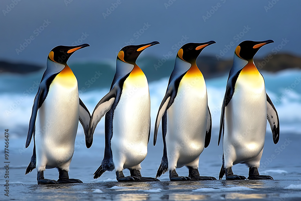 Fototapeta premium Four king penguins walking along a beach with waves in the background.