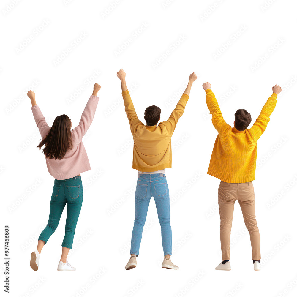 Three cheerful friends celebrate together, raising their arms in joy and excitement, showcasing friendship and happiness. transparent background Three cheerful friends celebrate together, raising their arms in joy and excitement, showcasing friendship and happiness. transparent background