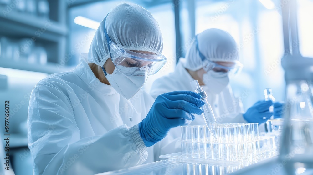 Scientists working in a lab, researching vaccines and treatments during an epidemic Scientists working in a lab, researching vaccines and treatments during an epidemic