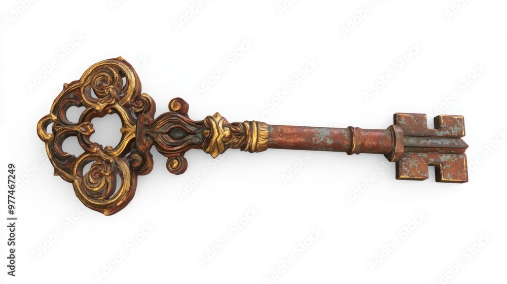 Large Ancient Key with Ornate Carvings and Rusty Texture, Featuring Golden Accents, Lying Flat on a White Background. Ideal for Game Design and Fantasy Themes. Large Ancient Key with Ornate Carvings and Rusty Texture, Featuring Golden Accents, Lying Flat on a White Background. Ideal for Game Design and Fantasy Themes.