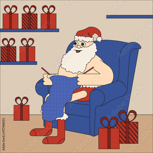 Santa prepares gifts for children at home. Santa Claus on armchair  with knits sweater. Christmas art. Vector illustration.