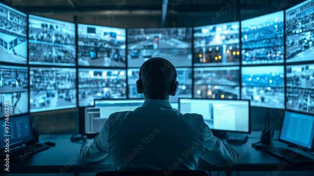 Security professional monitoring a digital surveillance system, with real-time footage and threat detection software displayed on multiple screens, illustrating cybersecurity in the workplace. Security professional monitoring a digital surveillance system, with real-time footage and threat detection software displayed on multiple screens, illustrating cybersecurity in the workplace.