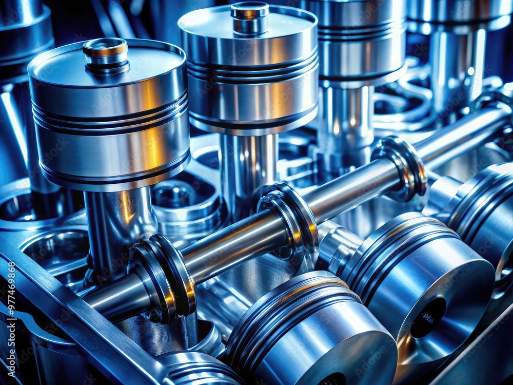 High-contrast close-up of a shiny metallic engine piston moving upwards, surrounded by gleaming cylinders and crankshaft components, in a modern industrial machinery context. High-contrast close-up of a shiny metallic engine piston moving upwards, surrounded by gleaming cylinders and crankshaft components, in a modern industrial machinery context.