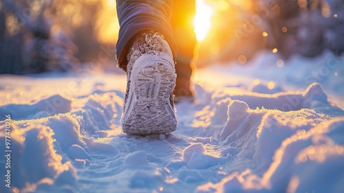 Close up of Man's steps in the snow	 photo