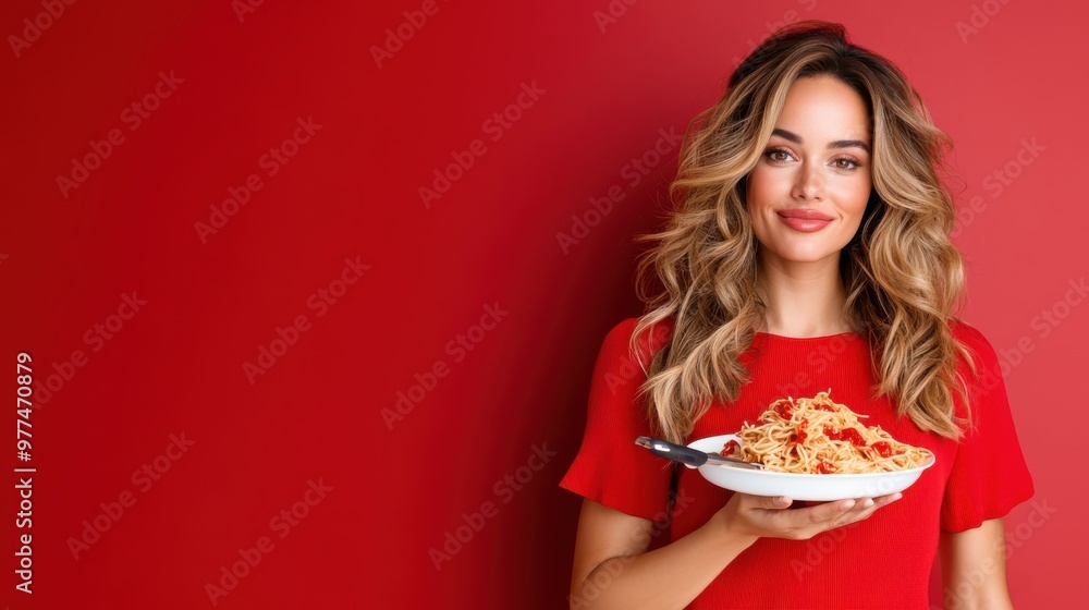 A stylish woman with wavy hair holds a plate of delicious pasta, wearing a red dress, standing against a vivid red background with a friendly smile. A stylish woman with wavy hair holds a plate of delicious pasta, wearing a red dress, standing against a vivid red background with a friendly smile.