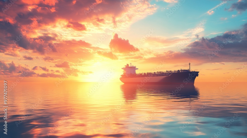 Ocean freight vessel sailing at sunrise with copy space. Natural light. Horizon background Ocean freight vessel sailing at sunrise with copy space. Natural light. Horizon background