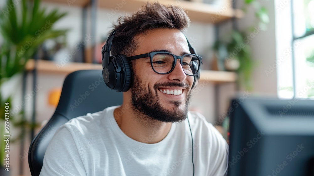A man with glasses and wearing headphones focuses intently on his computer screen, encapsulating the realms of modern tech-savvy work and concentrated mindsets. A man with glasses and wearing headphones focuses intently on his computer screen, encapsulating the realms of modern tech-savvy work and concentrated mindsets.