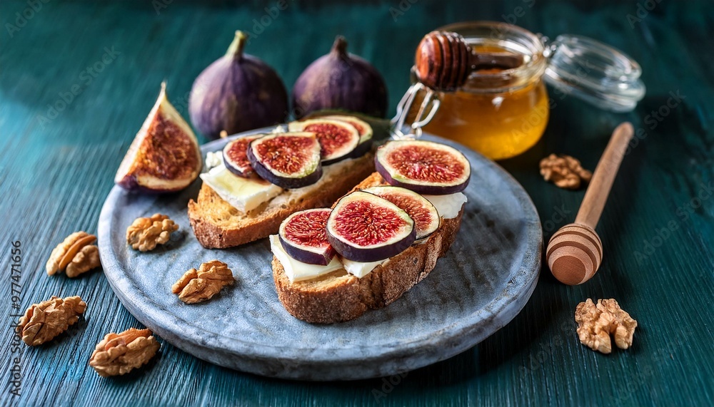 a slice of bread with small pieces of figs, cheese, honey and walnuts for as a dessert or a healthy snack
a slice of bread with small pieces of figs, cheese, honey and walnuts for as a dessert or a healthy snack