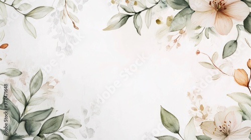 Fototapeta Naklejka Na Ścianę i Meble -  A botanical frame on a white background with soft watercolor leaves and subtle flower details, giving the invitation a natural, organic feel.
