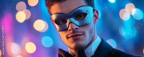 Man in a suave masquerade ball costume, tuxedo with a mysterious mask, elegantly sultry