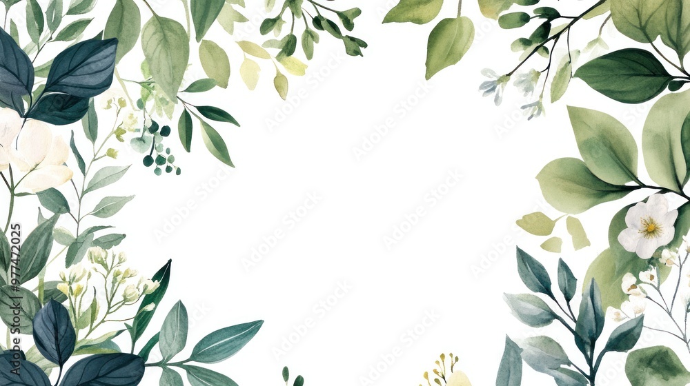 A botanical watercolor frame with hand-painted greenery and wildflowers wrapping around the edges, creating a natural, rustic atmosphere for a wedding invitation. A botanical watercolor frame with hand-painted greenery and wildflowers wrapping around the edges, creating a natural, rustic atmosphere for a wedding invitation.