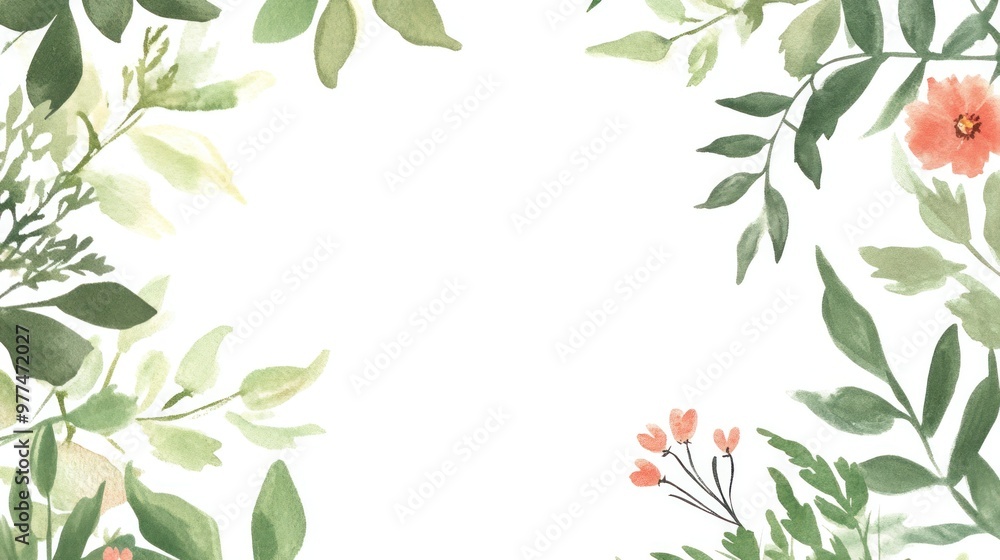 A botanical watercolor frame with hand-painted greenery and wildflowers wrapping around the edges, creating a natural, rustic atmosphere for a wedding invitation. A botanical watercolor frame with hand-painted greenery and wildflowers wrapping around the edges, creating a natural, rustic atmosphere for a wedding invitation.