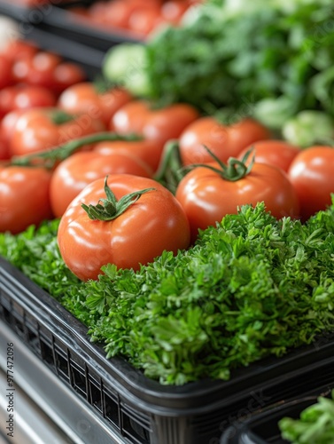 Bright red tomatoes are arranged with fresh herbs