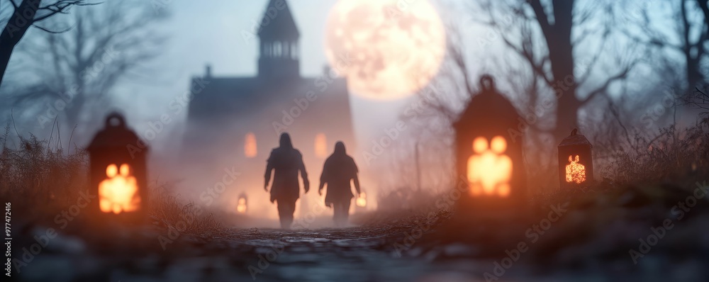 Trickortreaters dressed in pandemicthemed costumes, eerie fog, and a full moon Trickortreaters dressed in pandemicthemed costumes, eerie fog, and a full moon
