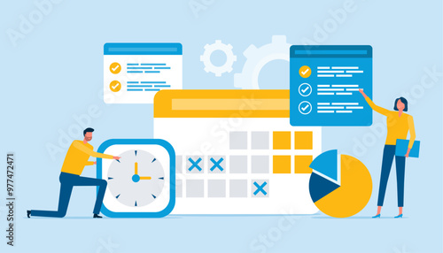 Business planning concept and Business people team working with digital calendar online. Flat vector illustration design
