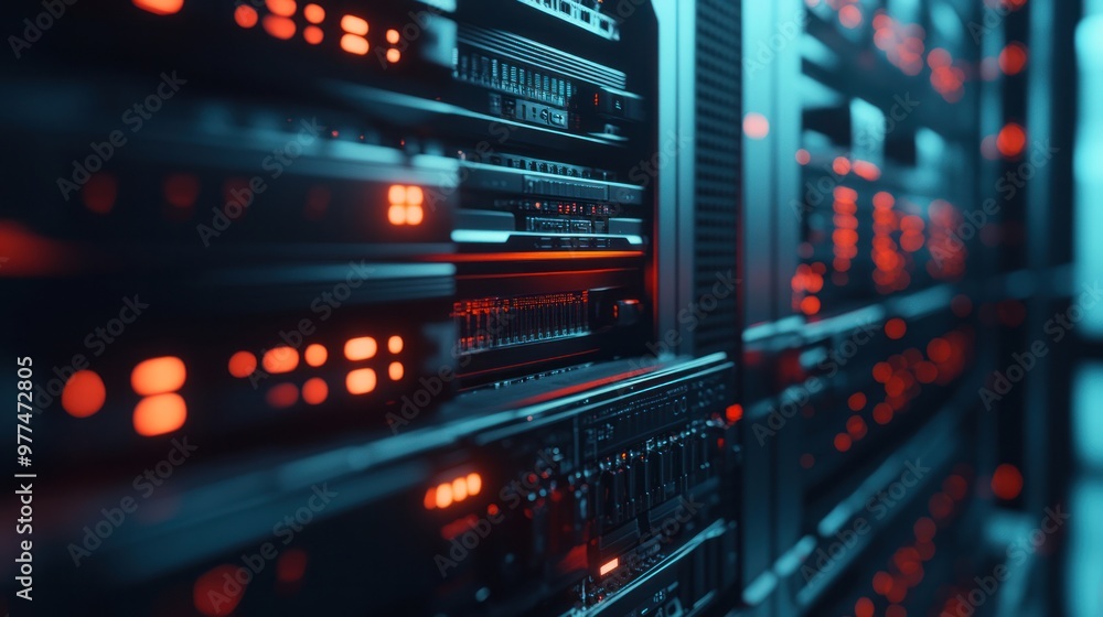A close-up of data storage servers in a data center, showcasing solid-state drives and efficient cooling systems for optimal performance. A close-up of data storage servers in a data center, showcasing solid-state drives and efficient cooling systems for optimal performance.