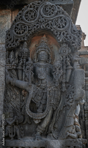 Intricate carvings and sculptures of the Hoysala temples in Belur, India.