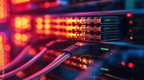 A close-up of networking equipment, including routers and fiber optic cables, connected to switches in a corporate server room. photo