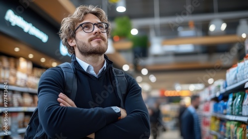 A young man in a sweater and backpack looks up in a supermarket, pondering his options, surrounded by various products and a bustling shopping environment.