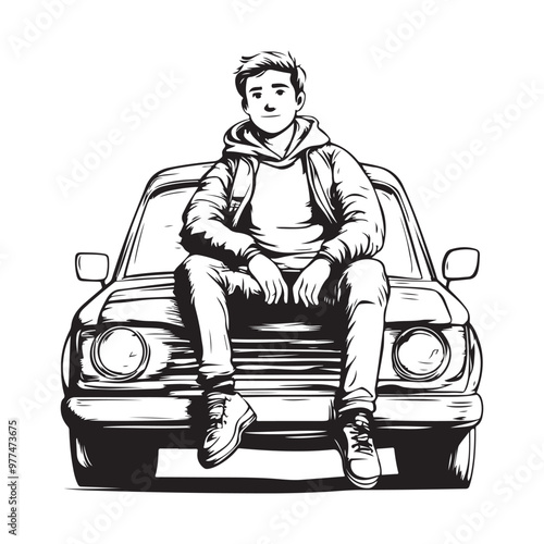 Man Sitting On Car Hood Stock Vectors Illustration isolated on white background.