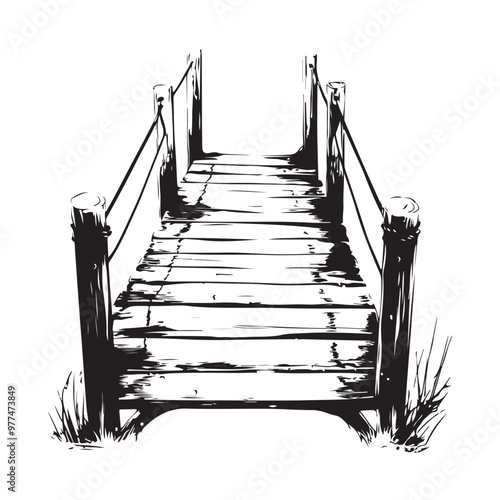 Silhouette wooden bridge across the river illustration on white background.