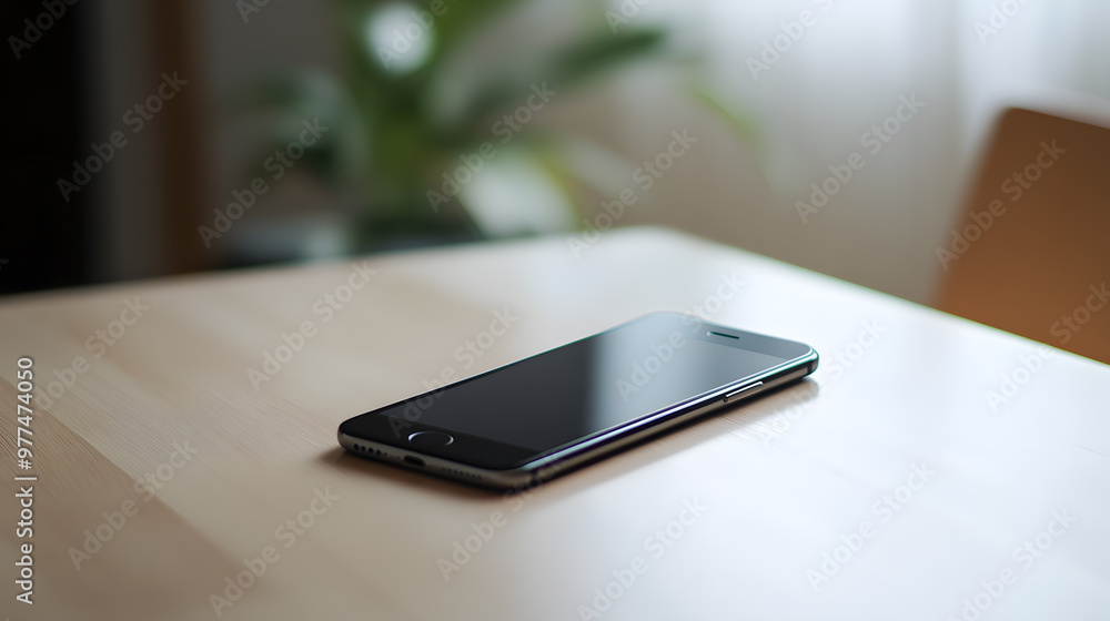 Modern phone lies on a wooden tabletop, with empty black screen. The table surface is pristine, showcasing a gentle, natural wood pattern Modern phone lies on a wooden tabletop, with empty black screen. The table surface is pristine, showcasing a gentle, natural wood pattern